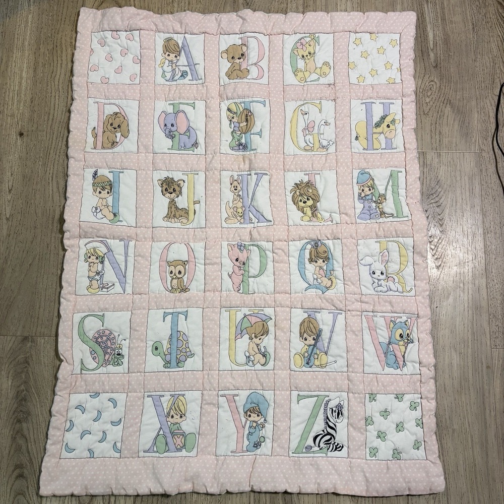 Vintage Precious Moments Alphabet ABC PinkCrib Blanket Quilt Homemade 41"x30"